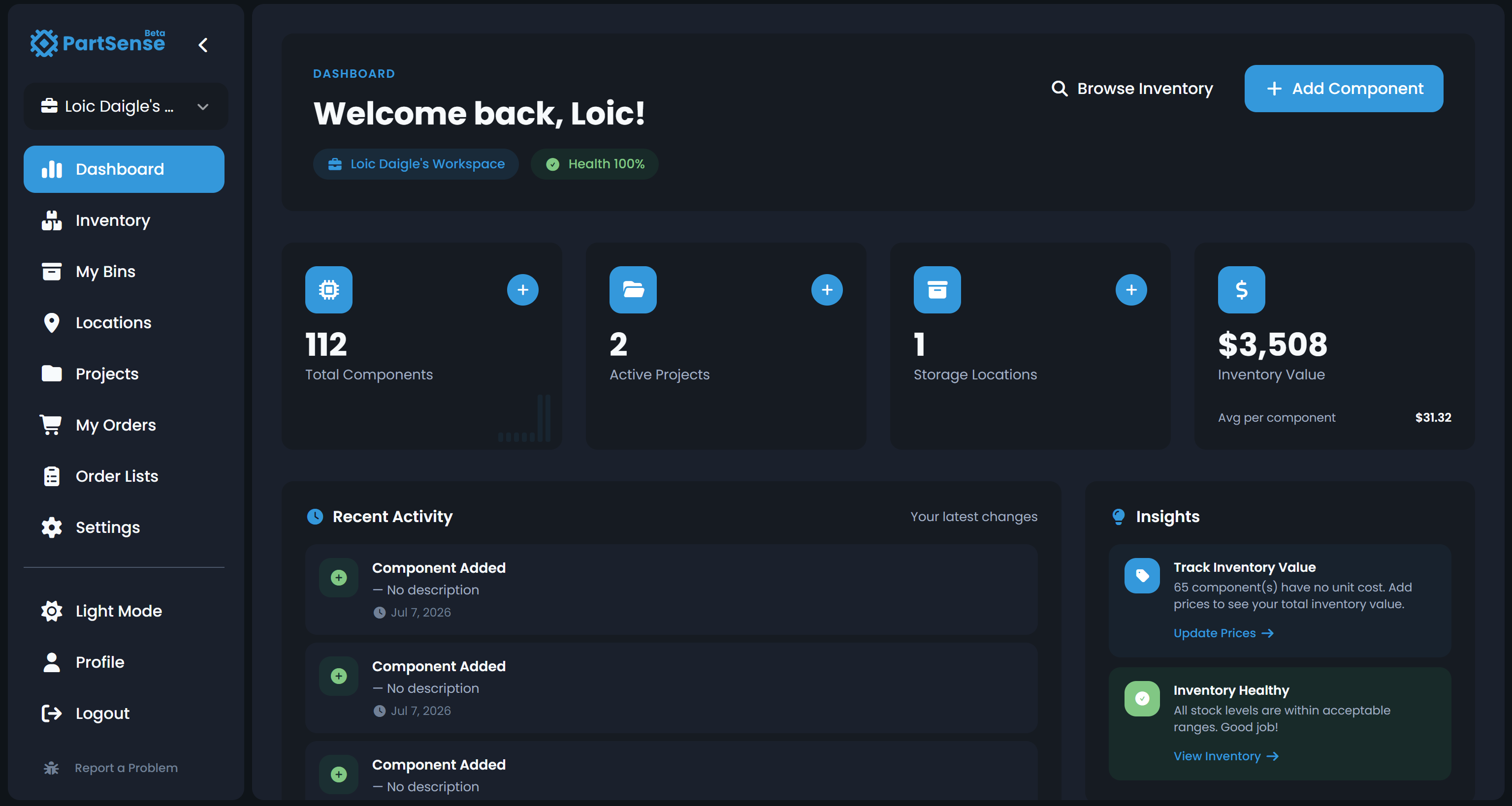 PartSense dashboard showing total components, active projects, and inventory value