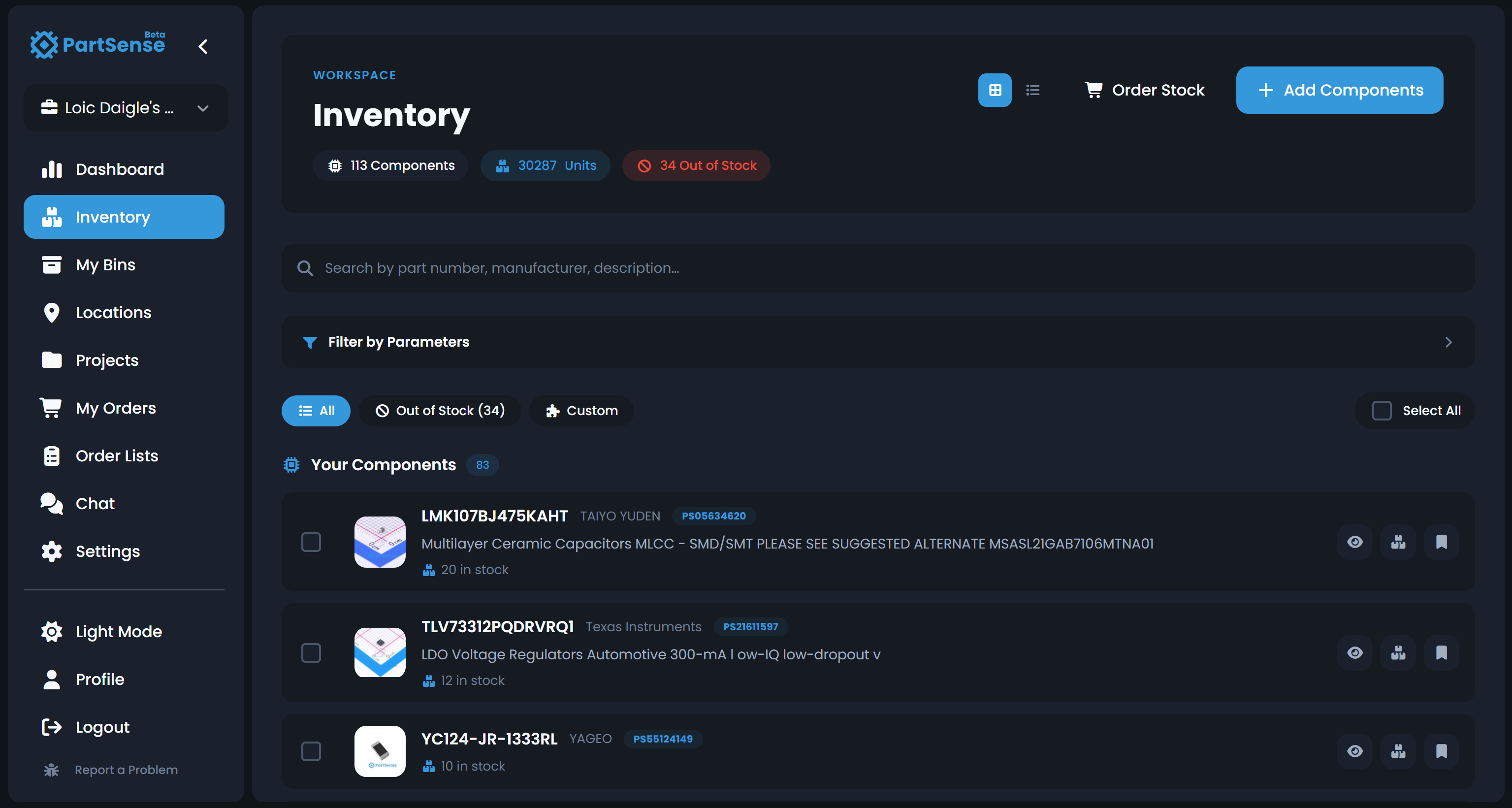 PartSense inventory list with searchable, filterable components