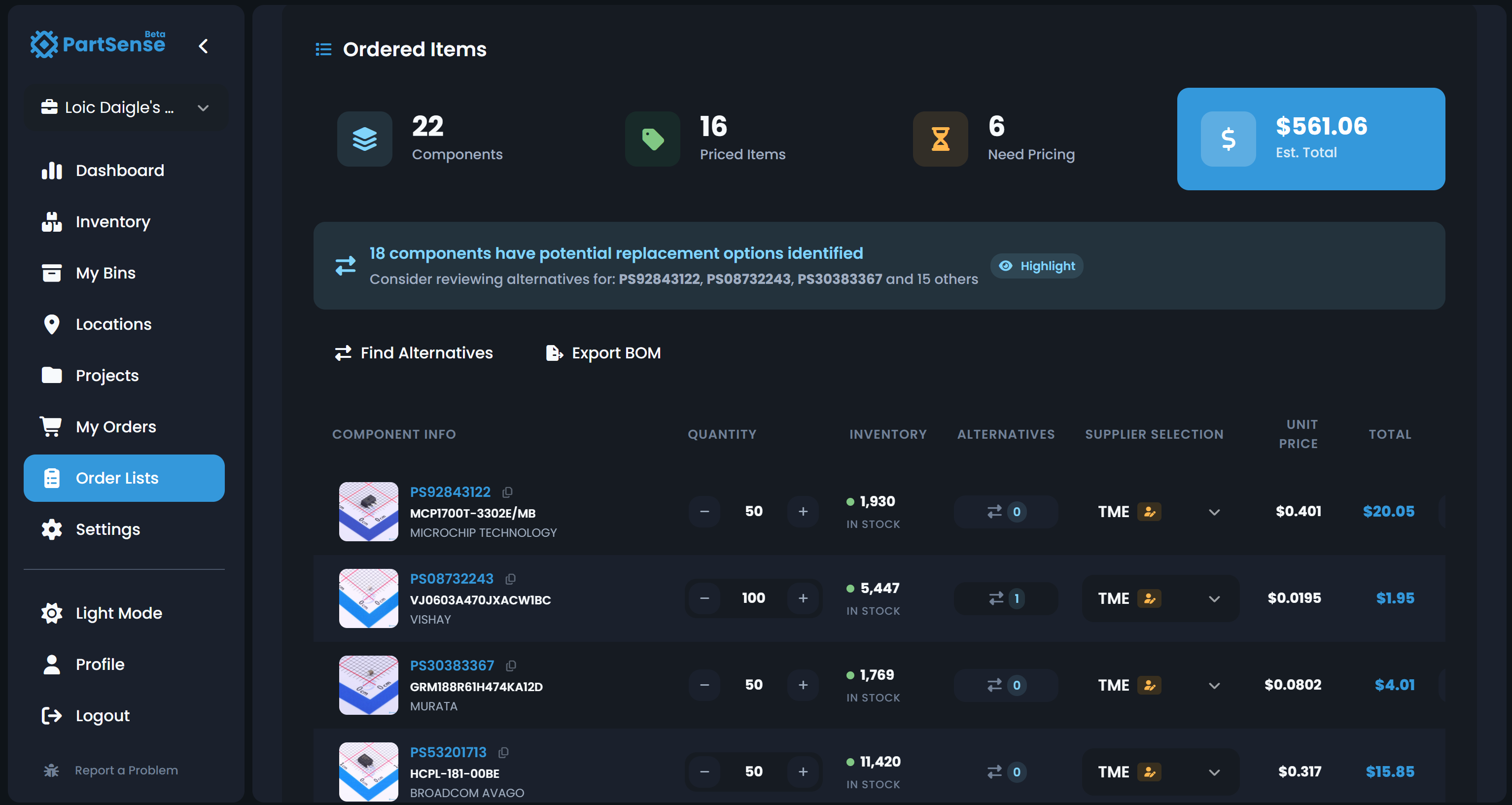 PartSense order list with pricing, alternatives, and BOM export
